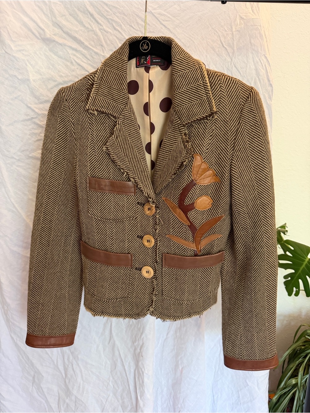 Herringbone Wool Blazer with Leather Appliqué, 100% silk lining.